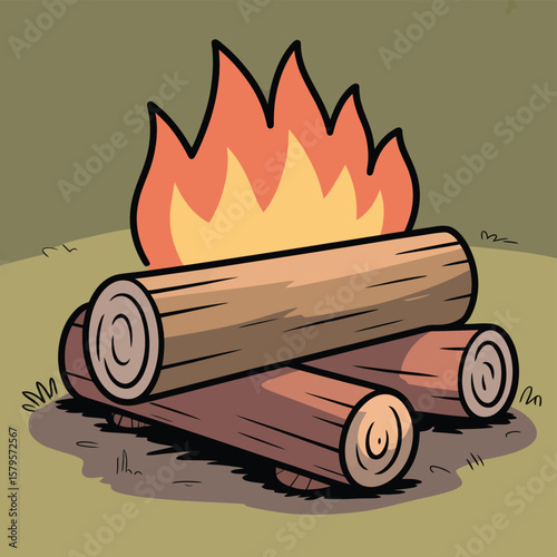 Cartoon campfire with logs burning brightly in the outdoors