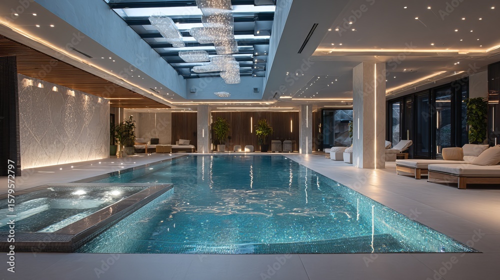 Fototapeta premium Luxurious indoor swimming pool with elegant lighting, showcasing modern design and a relaxing ambiance.