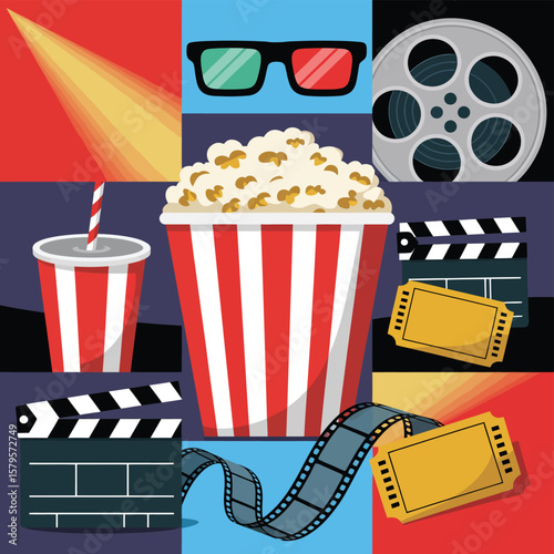 Cinema movie elements including popcorn drink tickets 3d glasses film reel and clapperboard
