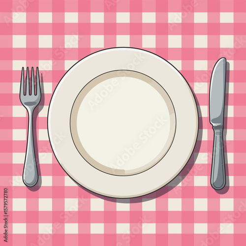 A white plate with a fork and knife set on a pink checkered tablecloth
