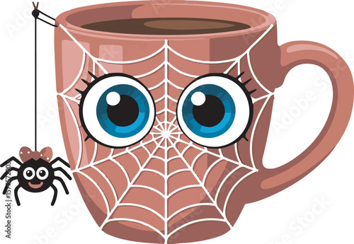 Cute cartoon spider hanging from a red coffee mug with spiderweb face drink beverage
