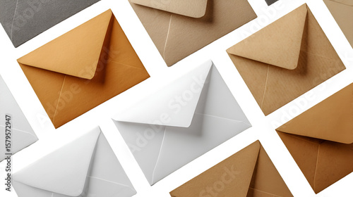 An assortment of envelopes in various colors including white brown tan and gray scattered on a surface