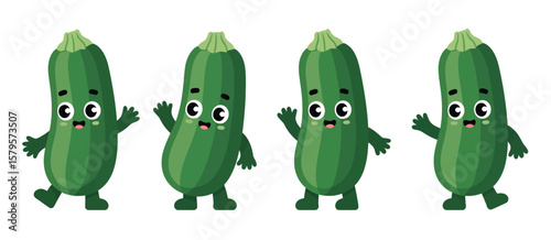 Four happy cartoon zucchini characters waving and walking on a white background