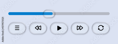 Liquid glass vector media player with progress bar and control buttons. Digital interface element for audio or video playing.