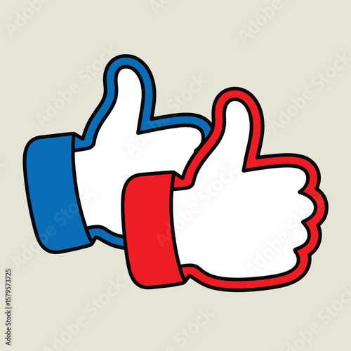 Two thumbs up icons with red and blue cuffs on a light background
