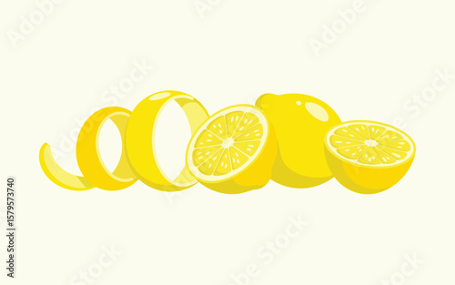 Vibrant yellow lemons and citrus peel spiral on a light background