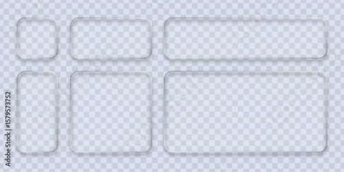 Liquid glass vector effect for empty rectangle and square shapes. Realistic shiny banner frame set on transparent backdrop.