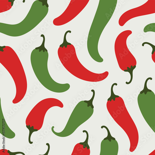 Seamless pattern of red and green chili peppers on a light background