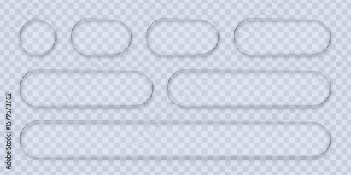 Glass framework set on transparent background, liquid glass vector. Clear buttons and banners in various shapes for web design.