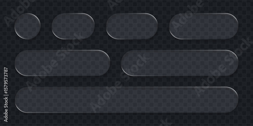 Liquid glass vector design element set with various blank buttons and transparent shapes for modern ui ux display.