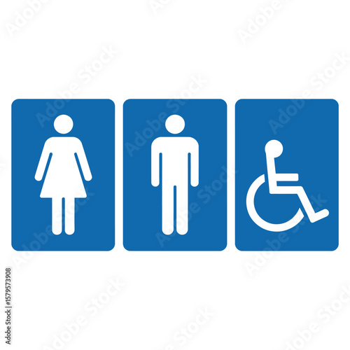 Three blue signs with white icons for women men and accessible restrooms