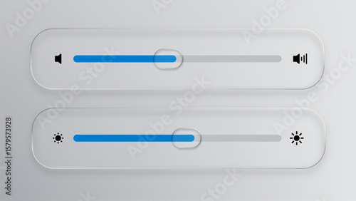 White liquid glass vector volume and brightness sliders. UI UX design element for sound control and display adjustment. Clear interface button symbol.