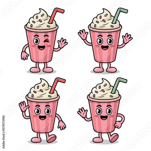 Four cute cartoon milkshakes waving hello and winking with happy faces