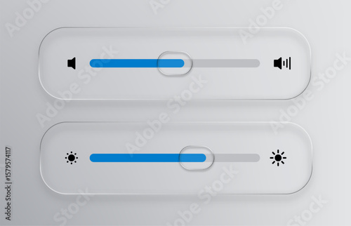 Liquid glass vector design of ui elements showing volume and brightness settings. Neumorphism concept for application interface.