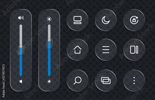 Volume and brightness controls sliders with various rounded square and circular UI icons set on a dark transparent background. Liquid glass vector.