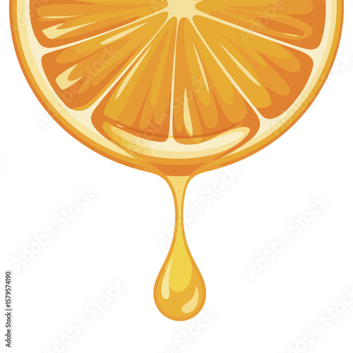 Juicy orange slice with a drop of fresh juice dripping down
