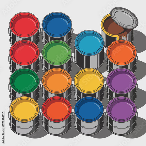 Colorful Paint Cans Arranged in a Grid Pattern
