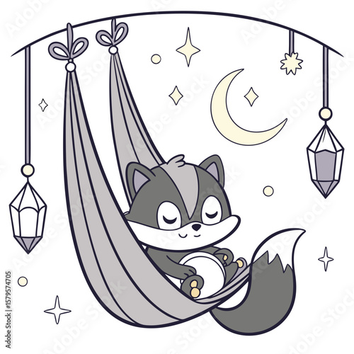 Cute Grumpy Squirrel, accessorized with in a hammock, in a Starlight Ball world – Lunar Elegance palette vector
