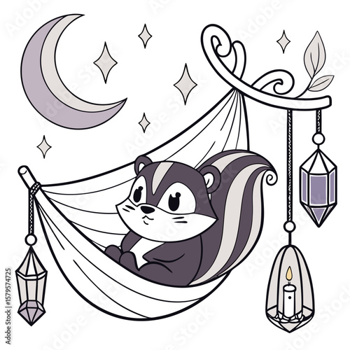 Cute Grumpy Squirrel, accessorized with in a hammock, in a Starlight Ball world – Lunar Elegance palette vector