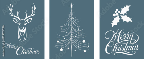 Merry Christmas, greeting cards set, greeting text, lettering on blue background, vector.