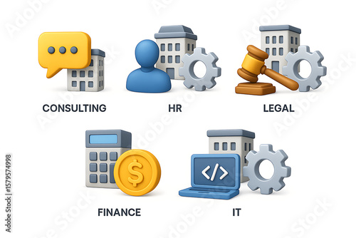 3d business department icons representing consulting hr legal finance and it services with gear buildings and tools symbolizing modern office structure and functional support systems