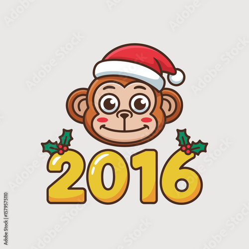 Cute cartoon monkey wearing a santa hat celebrating the year 2016 with holly