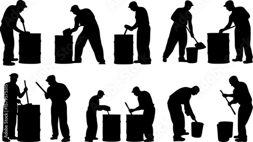 Collection of detailed black silhouette icons of beer brewing stages, such as malting, mashing, boiling, fermenting, and bottling. Each icon represents a unique step and tool, set evenly across a whit