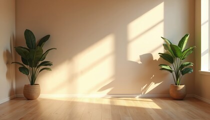 Clean, simple interior room backdrop with soft beige walls, natural wood floor. Two rich green potted plants provide touch of nature, with sunlight casting gentle shadows. Perfect for virtual