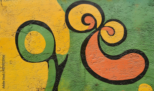 Abstract Swirls and Circles Mural on Textured Yellow and Green W