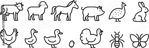 Farm animals line icon set. Vector pictograms of illustration.