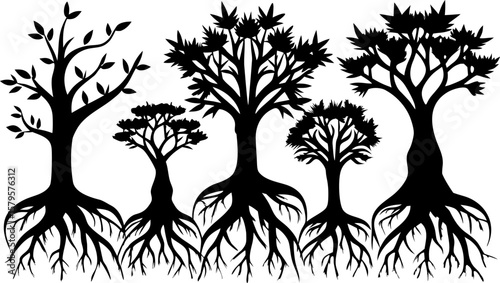 6 Tree and Root Silhouette Vector Illustrations