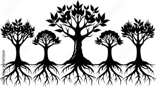 6 Tree and Root Silhouette Vector Illustrations