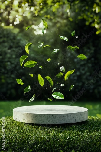 Floating Green Leaves Above a Circular Stone Platform in a Serene Garden Setting