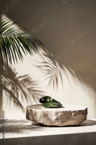 Decorative Stone Display With Palm Leaf Under Soft Lighting in a Modern Inter...