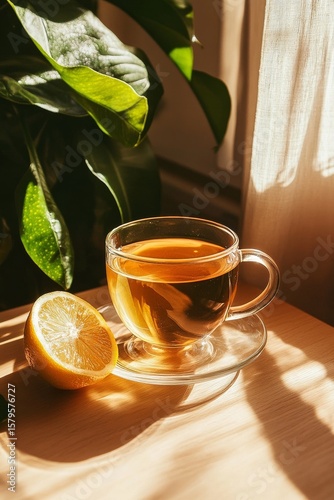 Refreshing Herbal Tea With Lemon Slices on a Tranquil Kitchen Table in the Af...