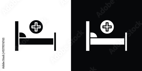 Hospital bed icon symbol in black and white color. Silhouette Styles.