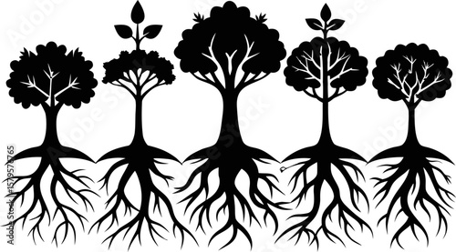 6 Tree and Root Silhouette Vector Illustrations