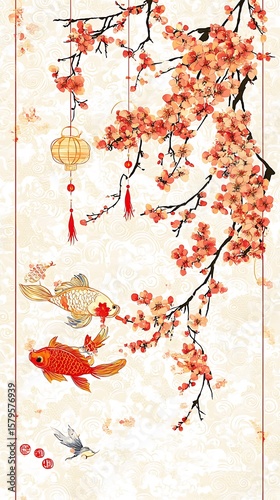 紅梅と金魚の水彩画
