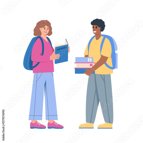 Couple of students with books and school bags. Smiling teenage boy and girl, classmates, friends, college student characters on white background. Education Vector illustration.