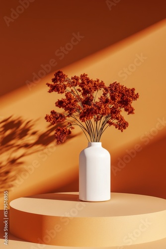 Elegant Still Life of Red Flowers in White Vase Against Orange Background for...