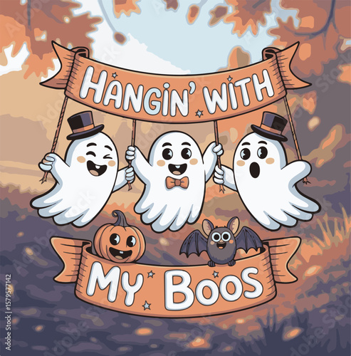 Three cute cartoon ghosts hanging from banners with Halloween characters spooky