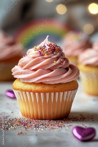 Cupcake With Pink Frosting and Colorful Sprinkles on a Festive Table Setting.