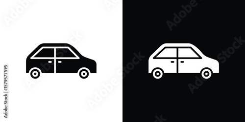Compact car icon symbol in black and white color. Silhouette Styles.