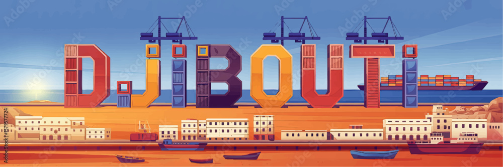 Fototapeta premium Modern Djibouti Port Illustration with Container Cranes, Shipping Vessels, and Colorful Typography at Sunrise on the Horn of Africa