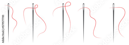 Set of needle with thread vector icons. Black silhouette with sewing needle. Vector 10 Eps.