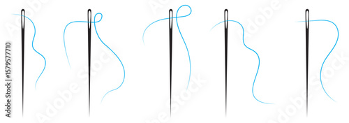 Set of needle with thread vector icons. Black silhouette with sewing needle. Vector 10 Eps.