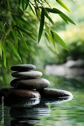 Stones Create a Tranquil Path Through a Serene Water Feature in a Lush Garden...