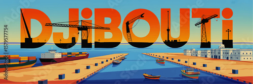 Djibouti Port Illustration with Shipping Containers, Cranes, Boats, and Waterfront Architecture at Colorful Sunset