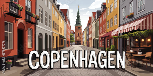 Charming Copenhagen Street Illustration with Colorful Buildings, Outdoor Café, Danish Architecture, and Historic Church Tower