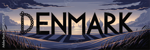 Denmark Viking Inspired Sunset Landscape Illustration with Nordic Typography and Sea View for Travel and Tourism Design